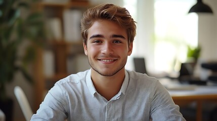  Portrait of young businessman in shirt, man smiling and looking at camera at workplace inside office, accountant with calculator behind paper work signing contracts and financial reports 
