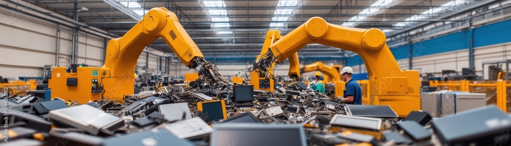 Poster advanced industrial robots working in a high-tech manufacturing facility, showcasing automation and 