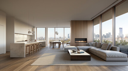 spacious minimalist living room featuring country design aesthetic, large windows with city views, and cozy fireplace. warm wood tones and modern furnishings create welcoming atmosphere