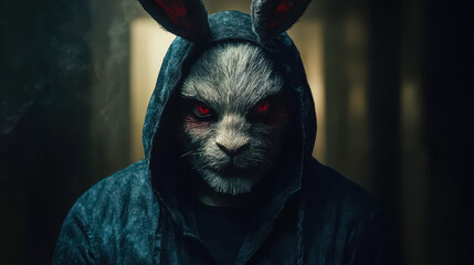 Horror Concept Art: Malevolent Rabbit in Dark Hood Eliciting Fear and Suspense
