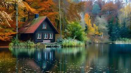 Fototapeta premium Cozy house by lake in autumn forest