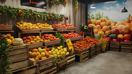 An inviting harvest storage area with colorful signage promoting local produce for Thanksgiving shoppers.