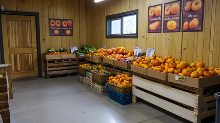 An inviting harvest storage area with colorful signage promoting local produce for Thanksgiving shoppers.