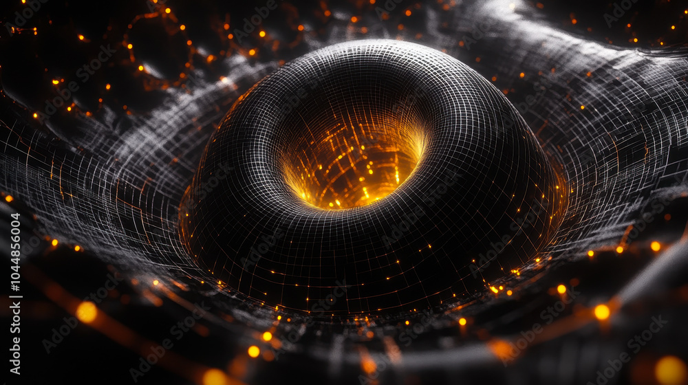 Poster dynamic black fractal sphere with concentric grid and ferrofluidal element