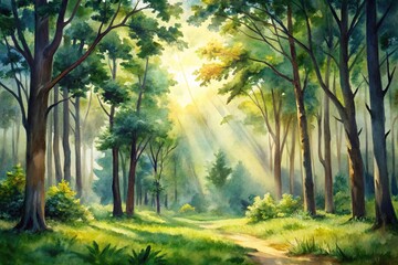 Fototapeta premium Watercolor painting of a forest clearing with dappled sunlight filtering on isolated white background