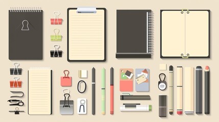 A set of office stationery including notepads, pens, and paper clips