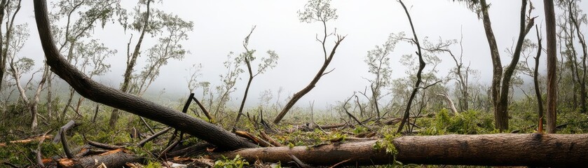 An eerie landscape featuring fallen trees and mist, showcasing the beauty of nature's resilience in a hauntingly serene setting.