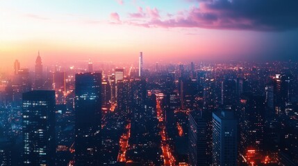 A panoramic banner mockup with a vibrant cityscape at dusk, featuring silhouetted skyscrapers and twinkling lights, providing blank space for commercial text overlay, for urban or nightlife promotions