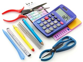 A set of office supplies including a calculator, scissors, and stapler