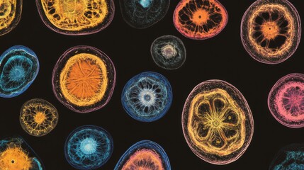 Ancient microbes under microscope reveal intricate cellular structures, showcasing their mysterious and ancient nature, ideal for scientific and educational content