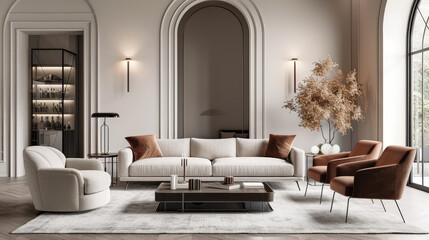 Minimalist pastel living room design featuring sleek sofa, stylish armchairs, and elegant decor. warm tones create cozy and inviting atmosphere