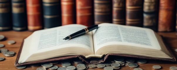 Obraz premium An open book lies among scattered coins, with a pen resting on its pages. A backdrop of vintage books creates a scholarly atmosphere.
