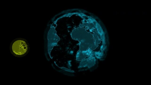 ホログラムの様なデジタルなデザインの地球と月が回転する動画