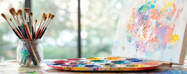 Art supplies featuring brushes, a color palette, and a canvas, perfect for inspiring creativity and artistic expression.