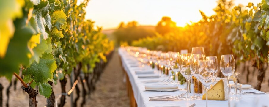 Beautiful vineyard setting at sunset with a long table beautifully set for a gathering, surrounded by lush green vines.