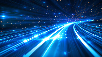 Obraz premium Vector Abstract, science, futuristic, energy technology concept. Digital image of light rays, stripes lines with blue light, speed and motion blur over dark blue background