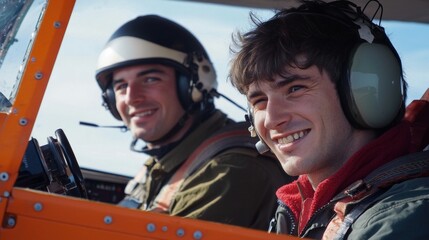 Flight instructor and student pilot in a small aircraft, demonstrating training procedures