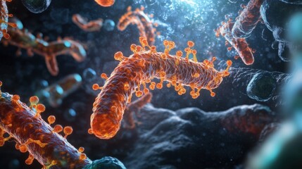 Ancient microbes under microscope reveal intricate cellular structures, showcasing their mysterious and ancient nature, ideal for scientific and educational content