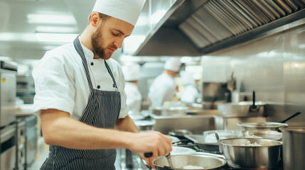 A chef skillfully prepares a dish in a bustling restaurant kitchen, showcasing culinary expertise and creativity in a professional environment.