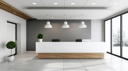 Modern clinic office with sleek design and medical reception area featuring white desk, wooden accents, and stylish lighting. space is bright and inviting, perfect for patient comfort