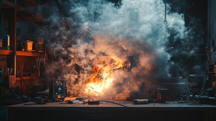 2410 71.A cluttered workbench with a power plug catching fire, surrounded by thick smoke and visible flames. The charred plug and scattered tools create a dangerous scene, illustrating the hazard of