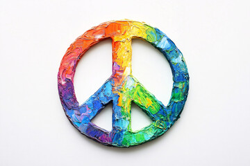 A multicolored peace sign symbol painted with bold brushstrokes on a white background, representing unity and harmony
