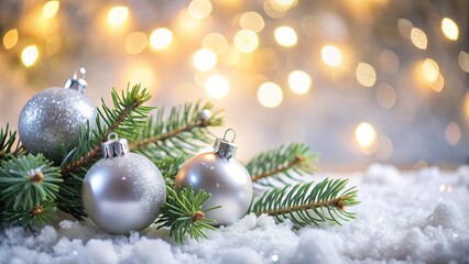 Fototapeta premium Silver Christmas ornaments and pine branches decorated with snow against soft bokeh lights background