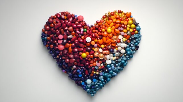 2410 27.A heart-shaped design made from capsules and tablets, emphasizing the importance of bio additives and supplements in maintaining a healthy heart. The variety of pill colors and shapes adds a