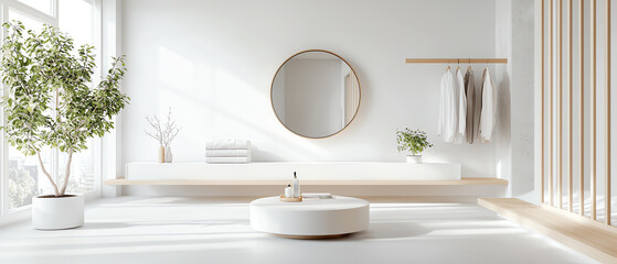 Fototapeta premium A minimalist fashion-forward dressing room featuring central clothing displays and natural light for an inviting atmosphere