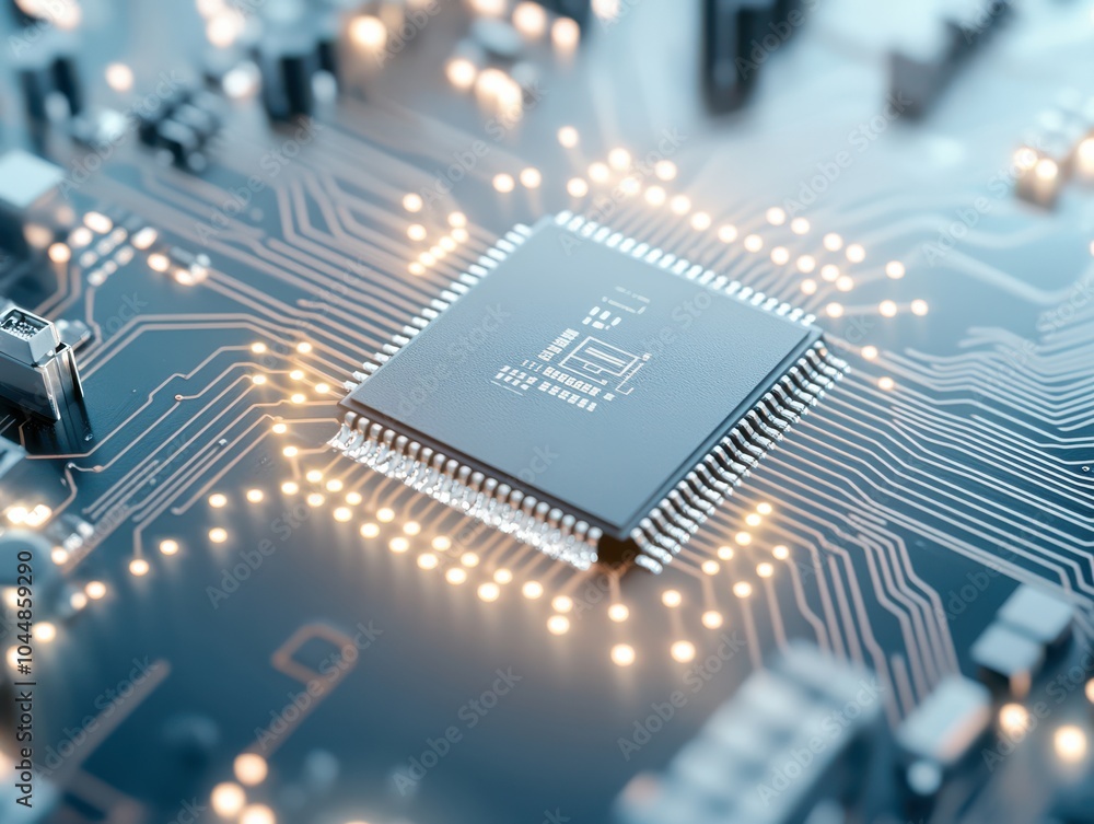 Poster close-up of a microchip on a circuit board, showcasing intricate details and glowing connections, il