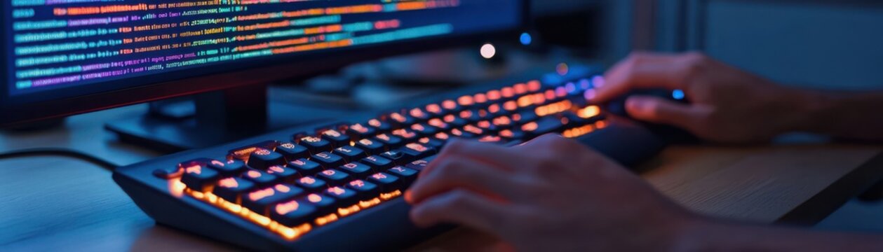 Close-up of a hand typing on a glowing keyboard while coding on a computer screen in a dark atmosphere.