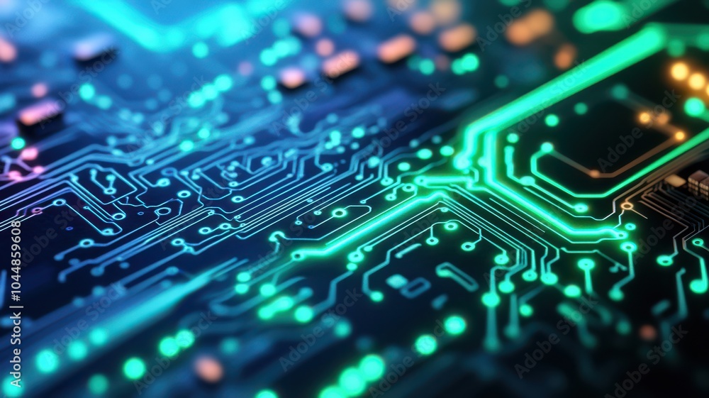 Poster close-up of a vibrant circuit board showcasing intricate pathways and glowing components, symbolizin