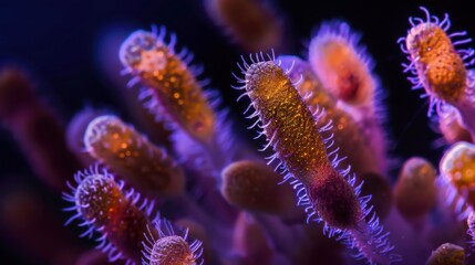 Ancient microbes under microscope reveal intricate cellular structures, showcasing their mysterious and ancient nature, ideal for scientific and educational content