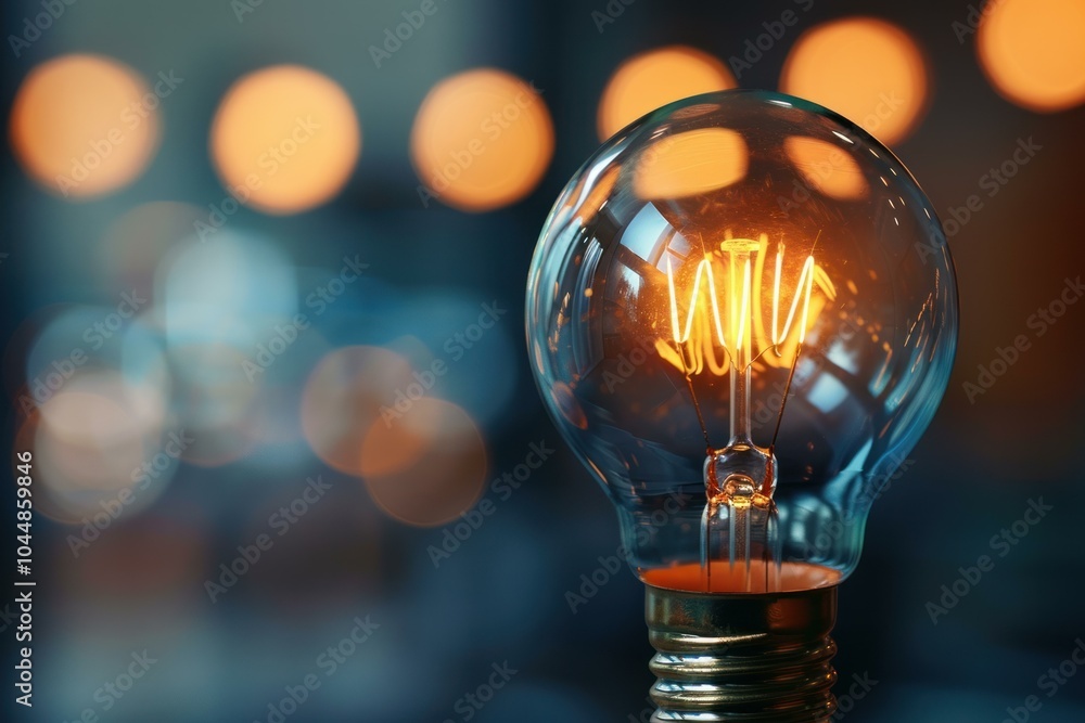 Poster light bulb shining brightly with reflecting bokeh lights in the background