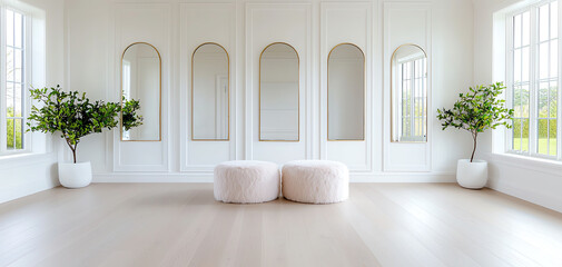 Fototapeta premium Elegant luxury dressing room featuring furlined ottoman and gold accents in modern interior design