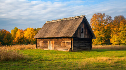 Obraz premium An old wooden harvest storage building with a thatched roof, nestled in a serene landscape during Thanksgiving.