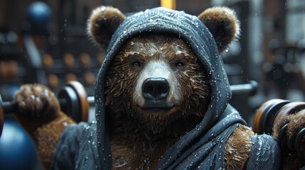 Anthropomorphic bear in workout clothes, engaging in exercise at a gym. Showcasing fitness and health with a playful twist, ideal for fitness content and motivational illustrations.