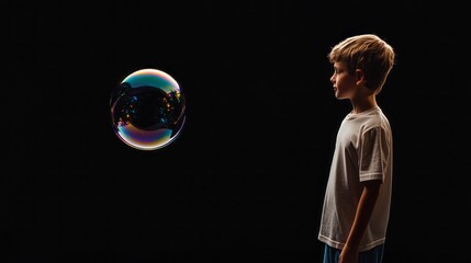 A boy is standing in front of a bubble