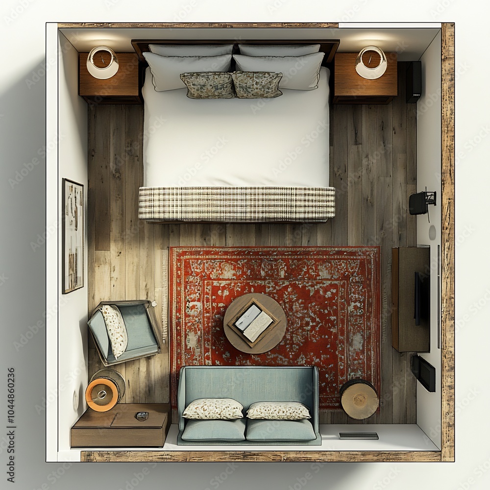 Poster detailed 3d top view of guest room including a daybed and a functional floor plan presented on a whi