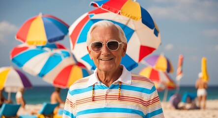 caucasian elderly man summer vacation bright background wearing fashion portrait
