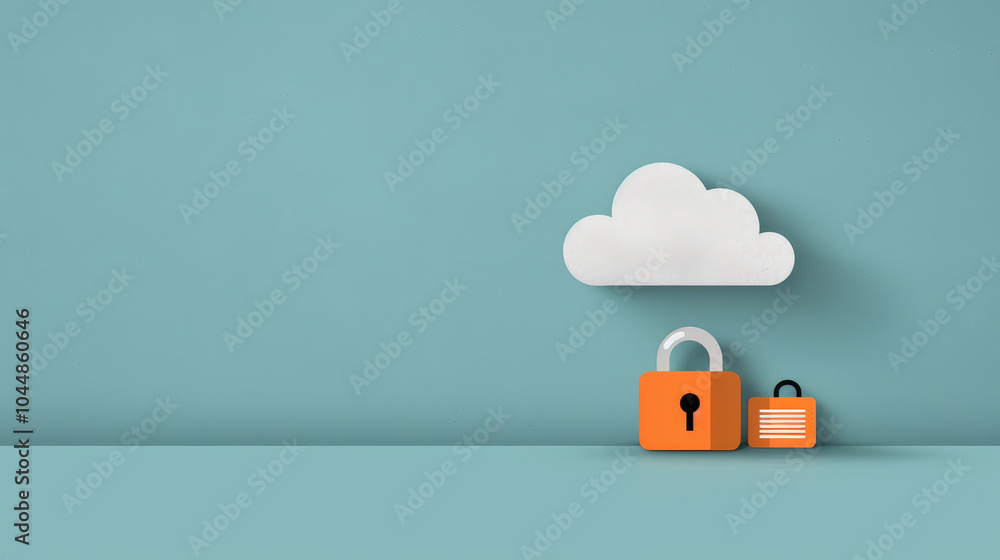 Poster secure cloud storage concept with cloud icon and orange locks representing data protection and priva