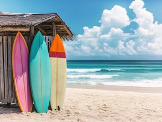 Colorful surfboards stand on a sunny beach with clear blue waves and fluffy clouds, perfect for summer and ocean activities.