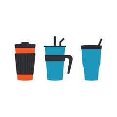 set of colorful cardboard cups for coffee and tea with lids. Simple flat graphics for cafe, cafe, coffee takeaway concepts. Vector illustration