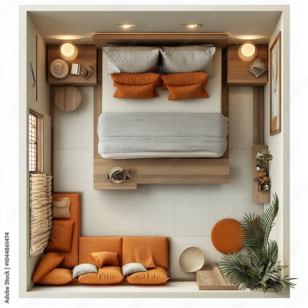 Poster detailed 3d top view of guest room with a daybed and an organized floor plan on a white background e