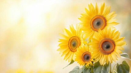 Fototapeta premium Cluster of sunflowers in soft golden light with a blurred background, creating a warm, vibrant, and sunny atmosphere.