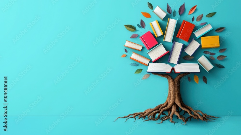 Poster tree with roots made of books, symbolizing deep learning and growth