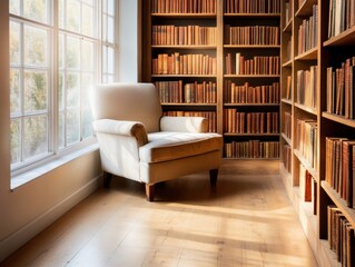 Cozy reading nook with a comfortable chair next to a sunlit window, surrounded by shelves filled with books.