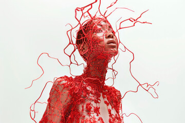 Futuristic editorial concept with red wired accents on model. Generative AI image