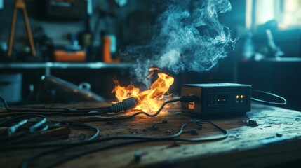 Naklejka premium 2410 75.A power plug smolders on a cluttered workbench, with flames and smoke billowing from the socket. The image highlights the serious consequences of electrical overload and using substandard