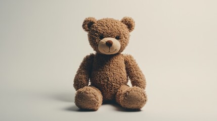 Obraz premium A brown teddy bear sits against a plain white backdrop.